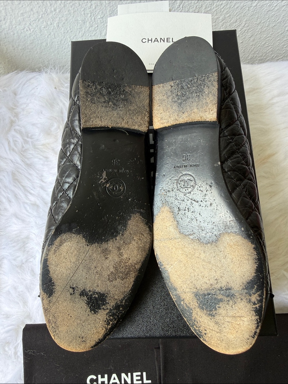 Authentic CHANEL Black Quilted Leather CC Cap-Toe Bow Ballet Flats - Picture 7 of 11